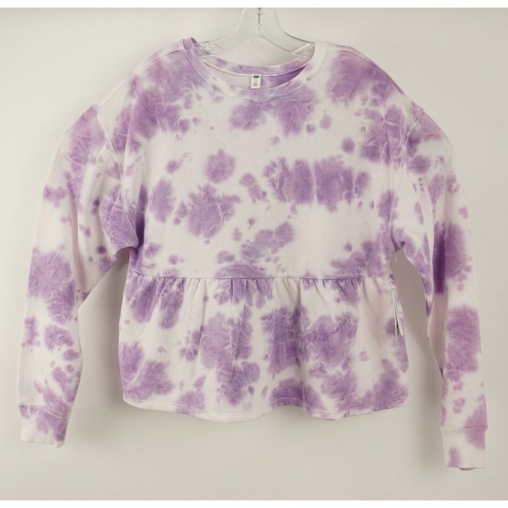 New BP Women's Size M White Purple Tie Dye Fleece Lined Ruffle Crew Babydoll Top